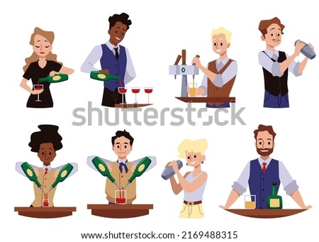Bartender or barman professionals characters set, flat cartoon vector illustration isolated on white background. Bartender or barkeeper men and women.