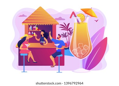 Bartender in beach bar and tourists drinking cocktails in tropical resort, tiny people. Beach bar, sea coast restaurant, beach club service concept. Bright vibrant violet vector isolated illustration