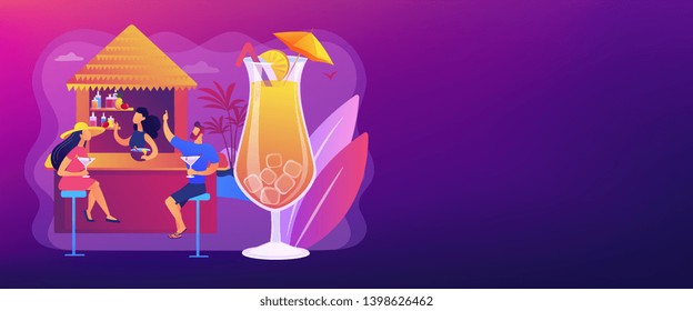 Bartender in beach bar and tourists drinking cocktails in tropical resort, tiny people. Beach bar, sea coast restaurant, beach club service concept. Header or footer banner template with copy space.