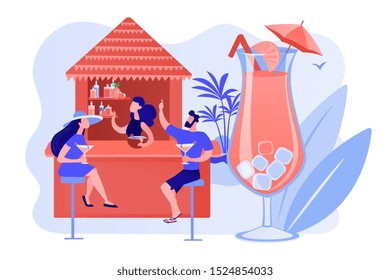 Bartender in beach bar and tourists drinking cocktails in tropical resort, tiny people. Beach bar, sea coast restaurant, beach club service concept. Pinkish coral bluevector isolated illustration