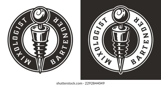 Bartender bottle stopper for bartending. Mixologist or barman logo or print with chromed metal wine stopper or cocktail bar tool