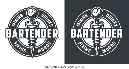 Bartender bottle stopper for bartending. Mixologist or barman logo or print with chromed metal wine stopper or cocktail bar tool