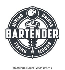 Barkeeper Flaschenverschluss zum Barkeeper. Mixologist- oder Barman-Logo oder Print mit verchromtem Metall-Weinstopfen oder Cocktailbar-Werkzeug