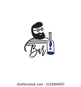 Bartender with bottle symbol or logo. Restaurant, food, bar concept, hand drawn elements. Vector.