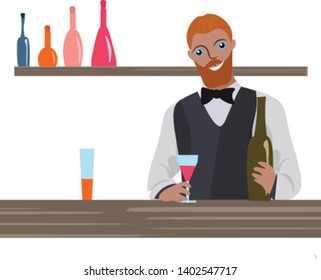 Ein Barmann mit einer Flasche Wein in der Hand bereit zu servieren , Vektorgrafik, Farbzeichnung oder Illustration.