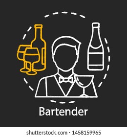 Bartender chalk icon. Barman, barkeeper. Alcoholic drinks serving. Restaurant, bar staff. Catering business. Wine, alcoholic beverage in bottle. Isolated vector chalkboard illustration