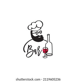 Bartender or chief cook in cap with bottle. Symbol or logo. Restaurant, food, bar concept, hand drawn elements. Vector.