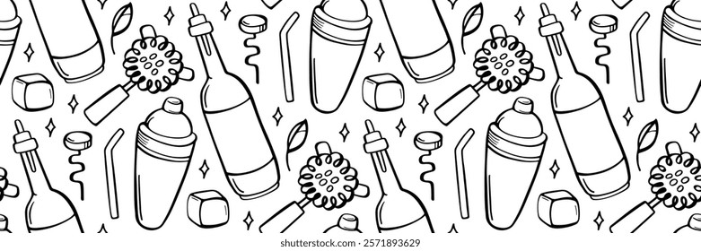 Bartender cocktail equipment seamless pattern. Background for bar, menu, web, logo. Stirring spoon jigger, shaker, Hawthorne strainer doodle illustration. Sketch style vector outline illustration.