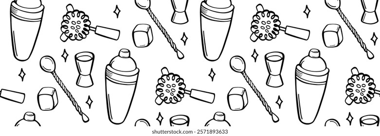 Bartender cocktail equipment seamless pattern. Background for bar, menu, web, logo. Stirring spoon jigger, shaker, Hawthorne strainer doodle illustration. Sketch style vector outline illustration.