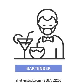 Bartender y cócteles - diseño de línea vectorial un único icono aislado sobre fondo blanco. Pictograma negro de alta calidad. Imagen de un hombre en el bar haciendo deliciosas bebidas alcohólicas. Idea del tiempo de fiesta