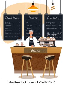 Bartender in coffee house, man cartoon character work in cozy cafe, modern bakery, vector illustration. Barman offers drinks and desserts in restaurant, beverages and food menu. Creative tea store