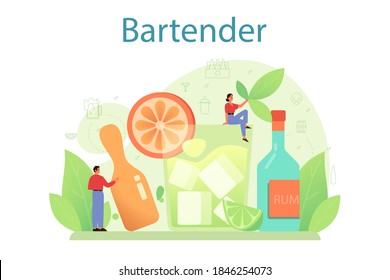 Bartender-Konzept. Barman bereitet alkoholische Getränke mit Shaker an der Bar zu. Bartender an der Theke, Mixer Cocktail. Einzelne flache Vektorgrafik