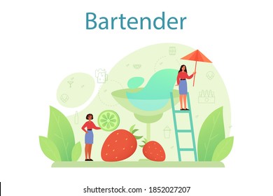 Concepto de barman. Barman preparando bebidas alcohólicas con agitador en el bar. Bar con barra y cócteles. Ilustración vectorial plana aislada