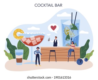Bartender concept. Barman preparing alcoholic drinks with shaker at bar. Bartender standing at bar counter, mixing cocktail. Isolated flat vector illustration