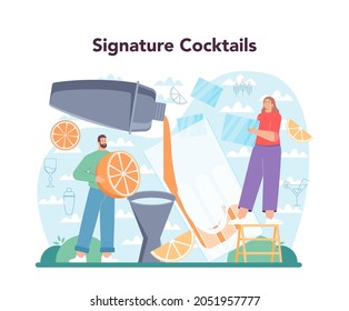 Bartender concept. Barman preparing alcoholic drinks with shaker at bar. Bartender standing at bar counter, mixing cocktails. Isolated flat vector illustration