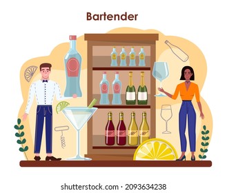 Bartender concept. Barman preparing alcoholic drinks with shaker at bar. Barkeeper standing at bar counter, mixing cocktails. Isolated flat vector illustration