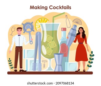Concepto de barman. Barman preparando bebidas alcohólicas con agitador en el bar. El portero de la barra del bar mezcla cócteles. Ilustración vectorial plana aislada