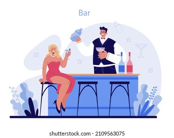 Bartender concept. Barman preparing alcoholic drinks with shaker at bar. Bartender standing at bar counter, mixing cocktails. Isolated flat vector illustration