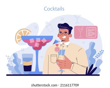 Bartender concept. Barman preparing alcoholic drinks with shaker at bar. Bartender standing at bar counter, mixing cocktails. Isolated flat vector illustration