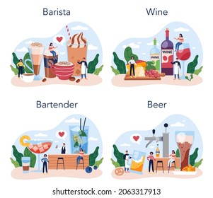 Bartender concept set. Barista standing at bar counter making coffee. Wine and beer crafting. Barman preparing alcoholic drinks with shaker at bar. Isolated flat vector illustration