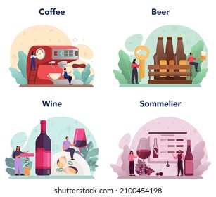Conjunto de conceptos de barman. El portero del bar prepara café, cerveza y vino. Barman preparando bebidas alcohólicas con agitador en el bar. Ilustración vectorial plana aislada