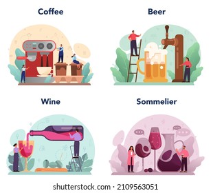 Bartender concept set. Barkeeper standing at bar counter making coffee, beer and wine. Barman preparing alcoholic drinks with shaker at bar. Isolated flat vector illustration