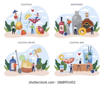 Conjunto de conceptos de barman. Barman preparando bebidas alcohólicas con agitador en el bar. Bar con barra y cócteles. Ilustración vectorial plana aislada