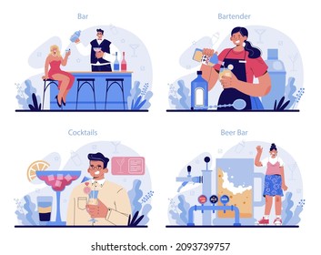 Bartender concept set. Barman preparing alcoholic drinks with shaker at bar. Bartender standing at bar counter, mixing cocktails. Isolated flat vector illustration