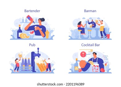 Bartender concept set. Barman preparing alcoholic drinks with shaker. Barkeeper standing at bar counter, mixing cocktails. Flat vector illustration