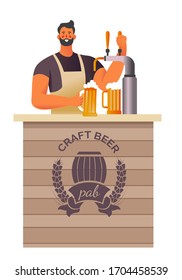 Bartender at counter of craft beer pub or bar pouring drink, isolated character vector. Brewery, man in apron with foamy mug, barman and cranes with yeast beverage. Handmade alcohol, cafe worker