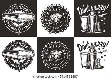 Bartender design with boston shaker for bartending school. Vector emblem set of chromed metal equipment or cocktail bar tool for barman or barkeep.
