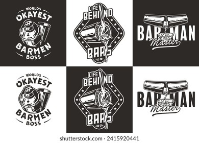 Bartender design with boston shaker for bartending school. Vector emblem set of chromed metal equipment or cocktail bar tool for barman or barkeep.