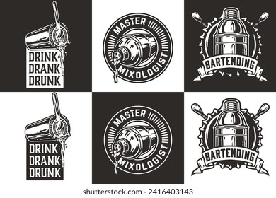 Bartender design with boston shaker for bartending school. Vector emblem set of chromed metal equipment or cocktail bar tool for barman or barkeep.