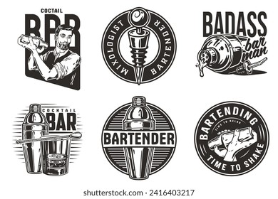 Bartender design with boston shaker and bottle stopper, bucket with ice for bartending school. Vector emblem set of chromed metal equipment or cocktail bar tool for barman or barkeep.