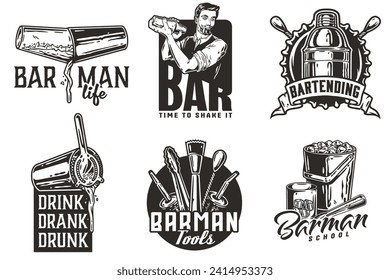 Bartender design with boston shaker in hands and bucket with ice for bartending school. Vector emblem set of chromed metal equipment or cocktail bar tool for barman or barkeep.