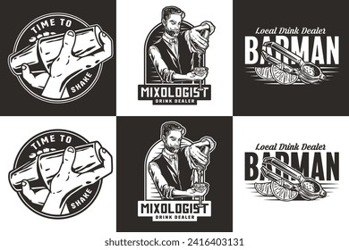 Bartender design with boston shaker in hands and juicer for bartending school. Vector emblem set of chromed metal equipment or cocktail bar tool for barman or barkeep.