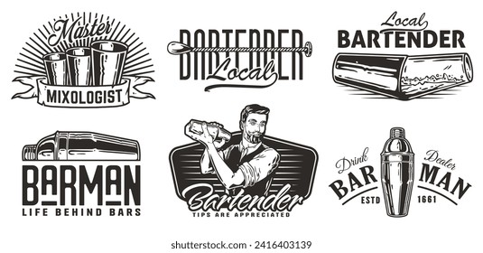 Bartender design with boston shaker in hands for bartending school. Vector emblem set of chromed metal equipment or cocktail bar tool for barman or barkeep.