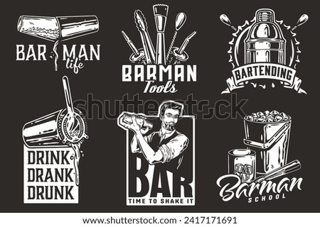 Bartender design with boston shaker in hands and bucket with ice for bartending school. Vector emblem set of chromed metal equipment or cocktail bar tool for barman or barkeep.