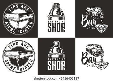Bartender design with boston shaker and martini for bartending school. Vector emblem set of chromed metal equipment or cocktail bar tool for barman or barkeep.