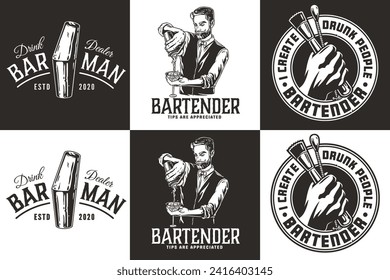 Bartender design with boston shaker and muddler for bartending school. Vector emblem set of chromed metal equipment or cocktail bar tool for barman or barkeep.