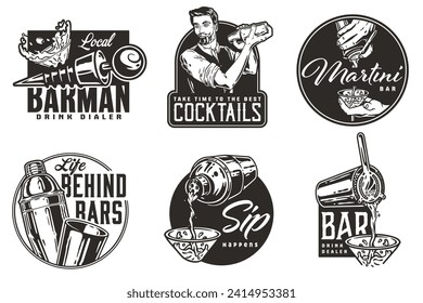 Bartender design with bottle stopper and boston shaker for bartending school. Vector emblem set of chromed metal equipment or cocktail bar tool for barman or barkeep.