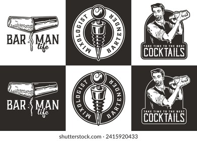 Bartender design with bottle stopper and boston shaker for bartending school. Vector emblem set of chromed metal equipment or cocktail bar tool for barman or barkeep.