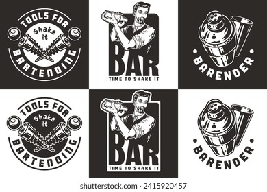 Bartender design with bottle stopper and boston shaker for bartending school. Vector emblem set of chromed metal equipment or cocktail bar tool for barman or barkeep.