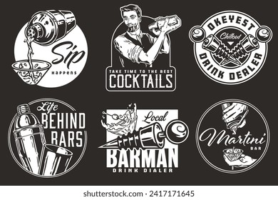 Bartender design with bottle stopper and boston shaker for bartending school. Vector emblem set of chromed metal equipment or cocktail bar tool for barman or barkeep.