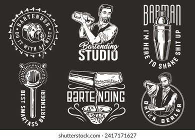 Bartender design with cocktail pourer and boston shaker for bartending school. Vector emblem set of chromed metal equipment or cocktail bar tool for barman or barkeep.