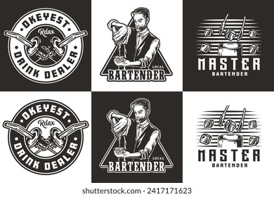 Bartender design with cocktail pourer, glass with ice and shaker for bartending school. Vector emblem set of chromed metal equipment or cocktail bar tool for barman or barkeep.