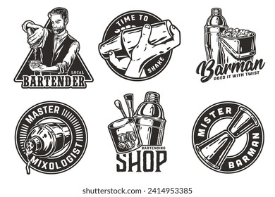Bartender design with double jigger and boston shaker for bartending school. Vector emblem set of chromed metal equipment or cocktail bar tool for barman or barkeep.
