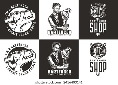 Bartender design with hawthorne strainer and boston shaker in hands for bartending school. Vector emblem set of chromed metal equipment or cocktail bar tool for barman or barkeep.