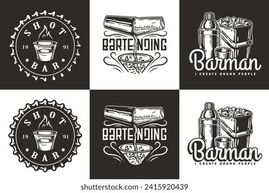 Bartender design with shaker, beer cap, shot with fire and bucket with ice for bartending school. Vector emblem set of chromed metal equipment or cocktail bar tool for barman or barkeep.