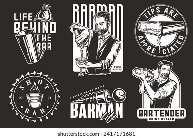 Bartender design with shot with fire, bottle stopper and boston shaker for bartending school. Vector emblem set of chromed metal equipment or cocktail bar tool for barman or barkeep.